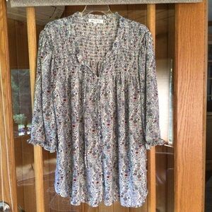 Rose & Olive Blue and Gray Black Smocked 3/4 Sleeve Blouse, SZ 1X Relaxed fit